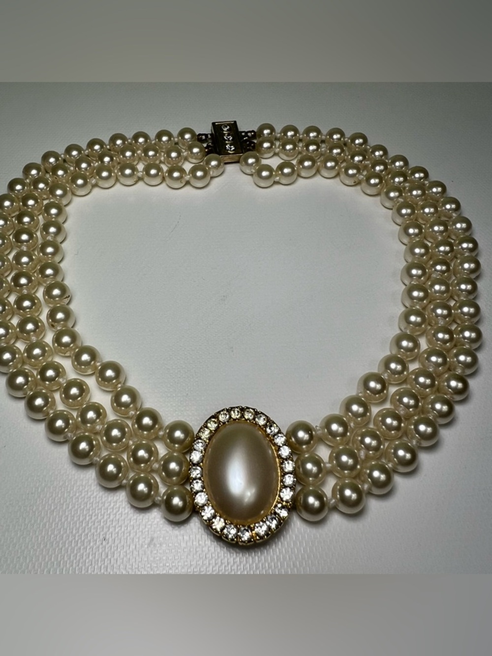 Vintage Faux Pearl Beaded 3 Strand Choker Necklace - Rhinestone Gold Tone Bridal - Picture 2 of 6